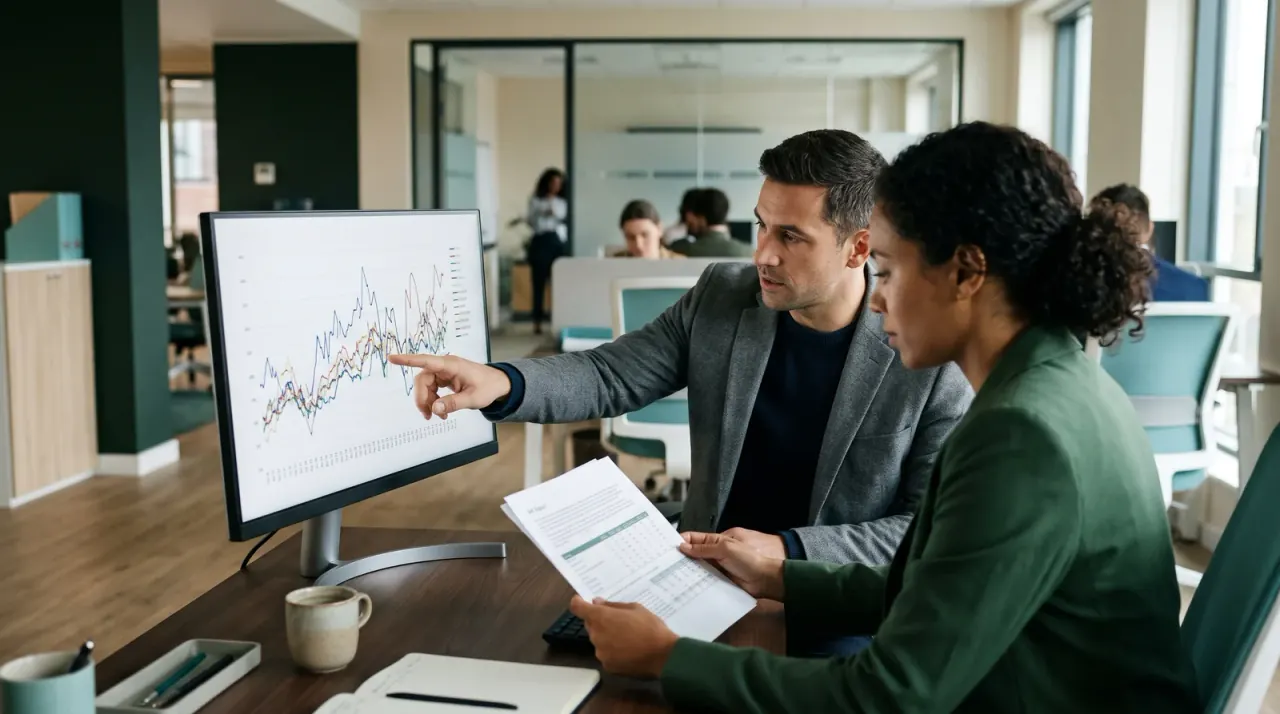Zwei Personen betrachten ein Liniendiagramm auf einem Monitor und halten einen gedruckten Bericht